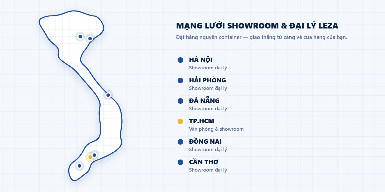 Bản đồ hệ thống văn phòng, kho hàng và đại lý Leza trên toàn quốc