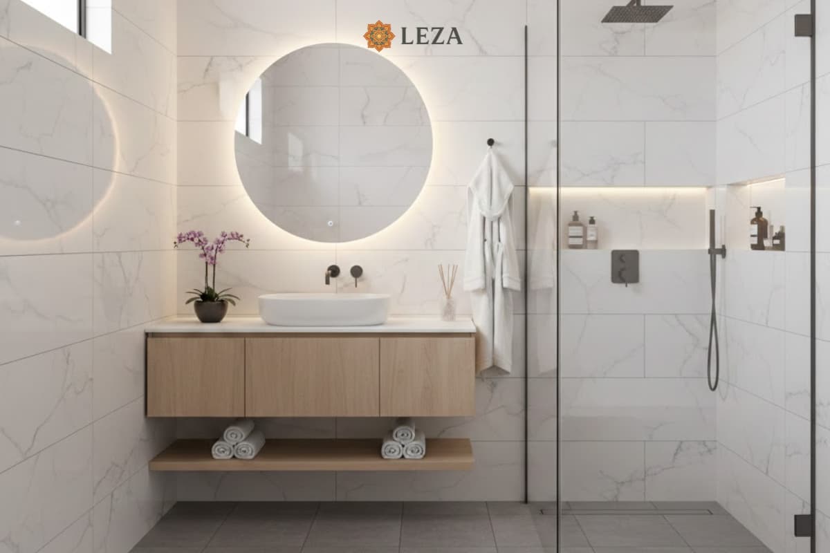 Một phòng tắm hiện đại sử dụng gạch ốp tường